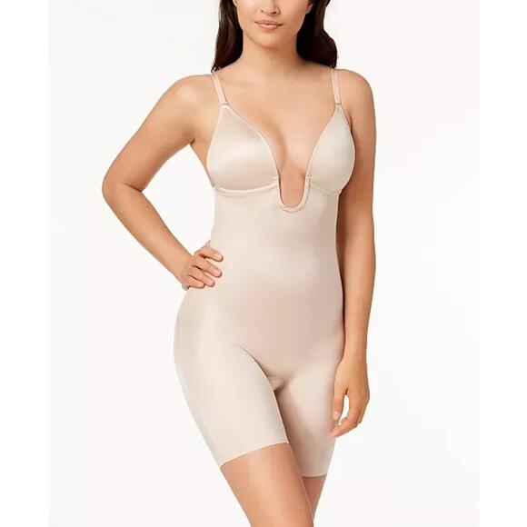 Suit Your Fancy Plunge Low-Back Mid-Thigh Bodysuit, Champagne Beige, Size M 0134 - Picture 1 of 2